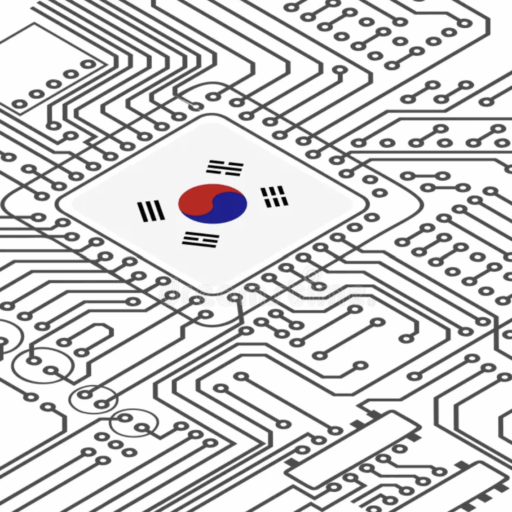 South Korean flag at the center of a digital circuit board, symbolizing Korea's IT and semiconductor industry